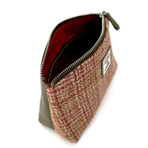 Maple (Open): Luxurious Maple Harris Tweed Cosmetic Bag with Olive vegan leather trim, showcasing spacious interior with separate zip pocket for organised beauty essentials.