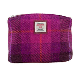 Purple Check: Stylish Harris Tweed Cosmetic Bag in Purple Check with Oxblood vegan leather trim.