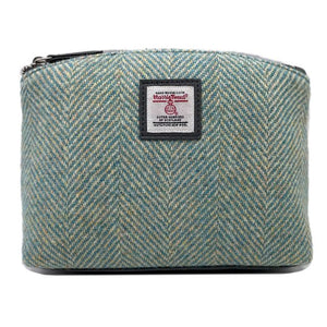 Turquoise Herringbone: Harris Tweed Cosmetic Bag in classic Turquoise Herringbone with Grey vegan leather trim.