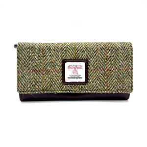 Country Green Herringbone Tweed Envelope Purse: A timeless Harris Tweed envelope purse in country green herringbone with brown vegan leather trim.