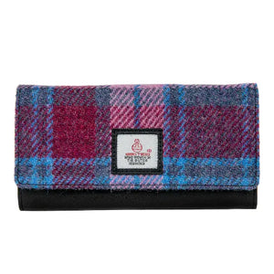 Pastel Pink Check Envelope Purse: A charming Harris Tweed envelope purse in pastel pink check with black vegan leather trim.