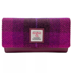 Purple Check Tweed Envelope Purse: A stylish Harris Tweed envelope purse in purple check with oxblood vegan leather trim.