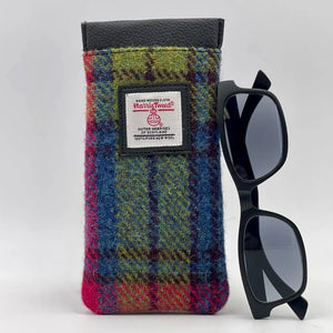 Harris Tweed Glasses Sleeve in Blue & Pink. Soft lining protects eyewear from scratches and dust. Secure snap closure keeps glasses safe.