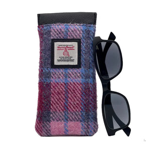 Harris Tweed Glasses Sleeve in Pastel Pink. Soft lining protects eyewear from scratches and dust. Secure snap closure keeps glasses safe.
