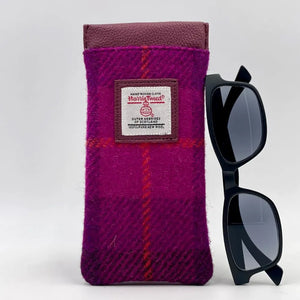 Harris Tweed Glasses Sleeve in Purple Check. Soft lining protects eyewear from scratches and dust. Secure snap closure keeps glasses safe.