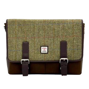 Country Green Harris Tweed and Cotton Canvas Messenger Bag with adjustable strap. Spacious interior with three compartments, two external pockets, and a secure zip pocket on the reverse.