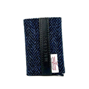 Front view: Harris Tweed Pop-Up Card Holder in blue highlighting the tweed pattern and vegan leather trim