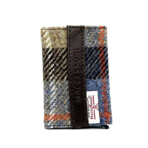 Front view: Harris Tweed Pop-Up Card Holder in blue & brown highlighting the tweed pattern and vegan leather trim