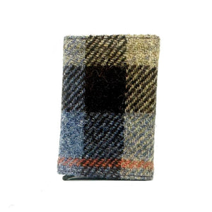 Back view: Harris Tweed Pop-Up Card Holder in blue & brown, showcasing the tweed material.