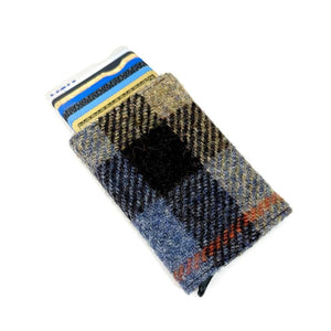 Angled view: Harris Tweed Pop-Up Card Holder in blue and brown with cards visible, showcasing the pop-up mechanism.