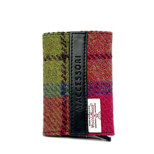 Front view: Harris Tweed Pop-Up Card Holder in blue &  pink highlighting the tweed pattern and vegan leather trim