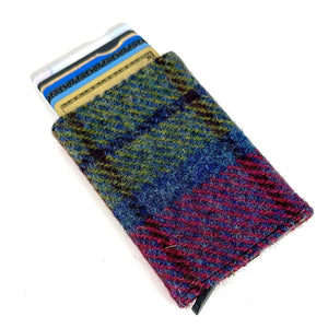 Angled view: Harris Tweed Pop-Up Card Holder in blue &  pink with cards visible, showcasing the pop-up mechanism.