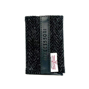 Front view: Harris Tweed Pop-Up Card Holder in charcoal highlighting the tweed pattern and vegan leather trim