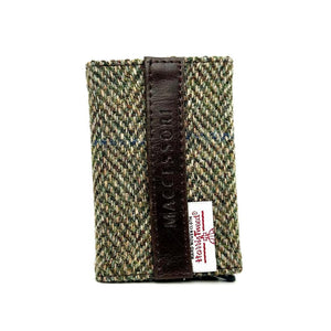 Front view: Harris Tweed Pop-Up Card Holder in country green highlighting the tweed pattern and vegan leather trim