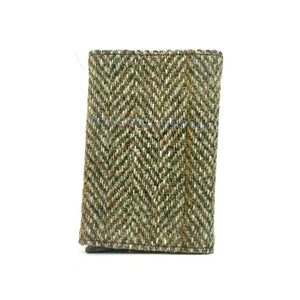 Back view: Harris Tweed Pop-Up Card Holder in country green, showcasing the tweed material.