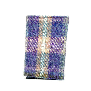 Back view: Harris Tweed Pop-Up Card Holder in green & purple, showcasing the tweed material.