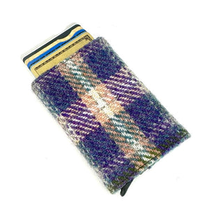 Angled view: Harris Tweed Pop-Up Card Holder in green & purple with cards visible, showcasing the pop-up mechanism.