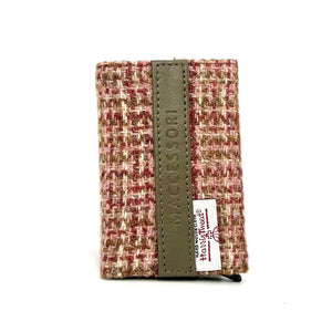 Front view: Harris Tweed Pop-Up Card Holder in maple highlighting the tweed pattern and vegan leather trim