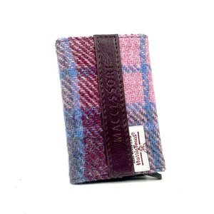 Front view: Harris Tweed Pop-Up Card Holder in pastel pink highlighting the tweed pattern and vegan leather trim