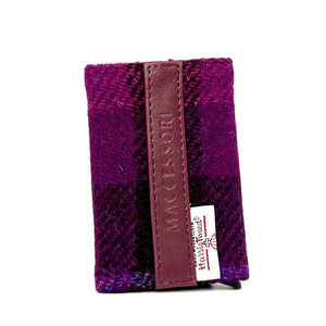 Front view: Harris Tweed Pop-Up Card Holder in purple check highlighting the tweed pattern and vegan leather trim