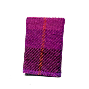 Back view: Harris Tweed Pop-Up Card Holder in purple check, showcasing the tweed material.