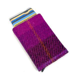 Angled view: Harris Tweed Pop-Up Card Holder in purple check with cards visible, showcasing the pop-up mechanism.