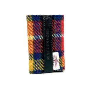 Front view: Harris Tweed Pop-Up Card Holder in saffron highlighting the tweed pattern and vegan leather trim