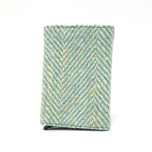 Back view: Harris Tweed Pop-Up Card Holder in turquoise, showcasing the tweed material.