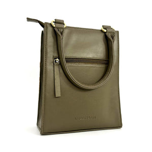 Back view: Harris Tweed Mini Tote Bag in Maple, showcasing the bag's Olive vegan leather and zip.