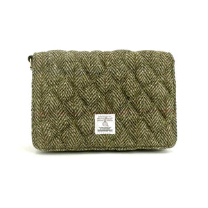 Front view: Harris Tweed Quilted Shoulder Bag in country green highlighting the quilted tweed.