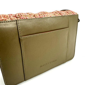 Back view: Harris Tweed Quilted Shoulder Bag in maple, focusing on the olive vegan leather trim