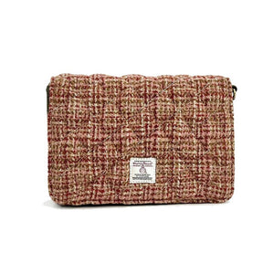 Front view: Harris Tweed Quilted Shoulder Bag in maple highlighting the quilted tweed.