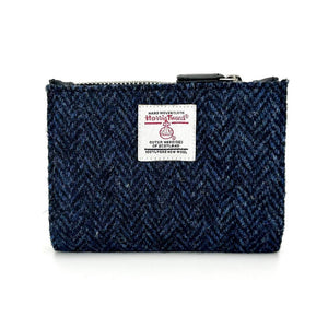  Front view: Harris Tweed Slim Purse in blue, highlighting the quilted design.