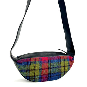 Back view: Harris Tweed Sling Bag in blue & pink.