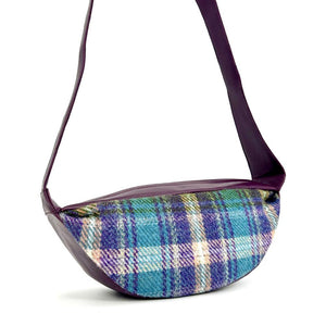 Back view: Harris Tweed Sling Bag in green & purple.