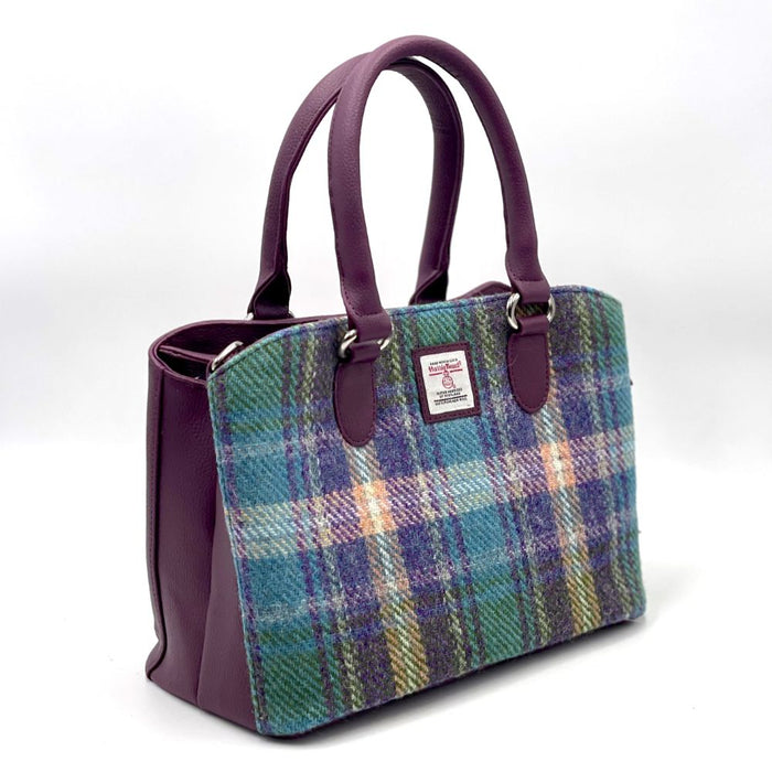 Green & Purple Tartan Harris Tweed Top Handle Tote Bag