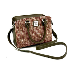 Maple Tweed: Harris Tweed Top Handle Bag in rich Maple Tweed with Olive vegan leather trim.  showing  the strap and handles.