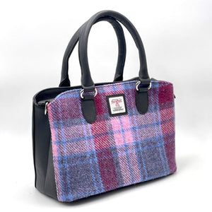 Pastel Pink Tweed: Soft Pastel Pink Harris Tweed Top Handle Bag with Black vegan leather trim. 