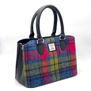 Pink and Blue Tweed: Playful Pink and Blue Harris Tweed Top Handle Bag with Black vegan leather trim. Features top handles, crossbody strap, and spacious interior pockets.