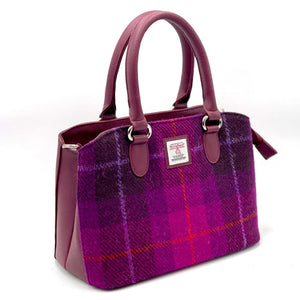 Purple Check Tweed: Harris Tweed Top Handle Bag in sophisticated Purple Check Tweed with Oxblood vegan leather accents.