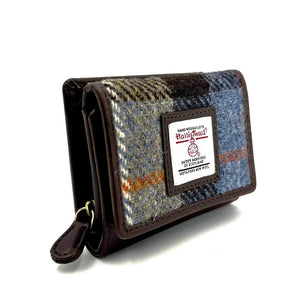 Blue/Brown Check Tweed Trifold Purse: A classic Harris Tweed trifold purse in blue and brown check with brown vegan leather trim.