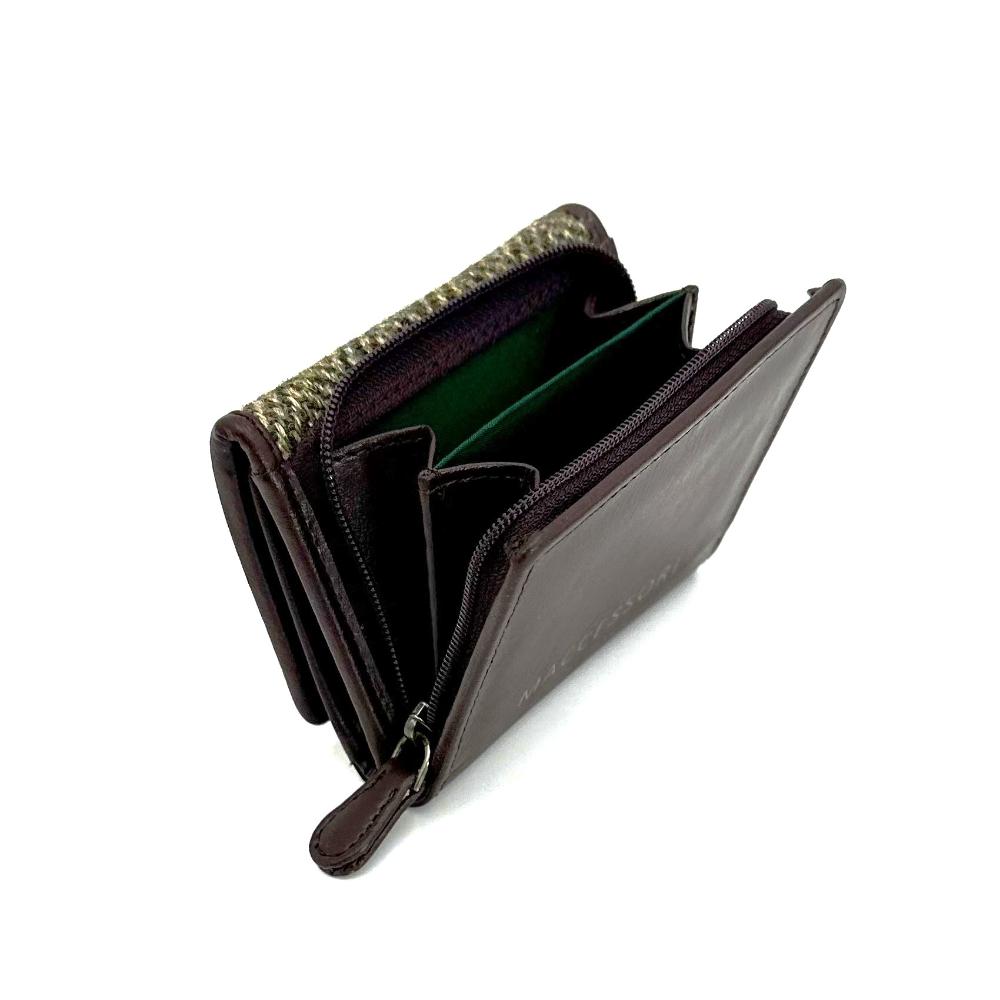 Country Green Herringbone Trifold Purse (Open - Coin Area): Interior view of a Harris Tweed trifold purse in country green herringbone with brown vegan leather trim, showcasing the spacious zipped coin compartment.