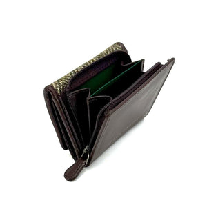 Country Green Herringbone Trifold Purse (Open - Coin Area): Interior view of a Harris Tweed trifold purse in country green herringbone with brown vegan leather trim, showcasing the spacious zipped coin compartment.