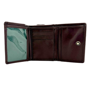 Country Green Herringbone Trifold Purse (Open - Card and Note Area): Interior view of a Harris Tweed trifold purse in country green herringbone with brown vegan leather trim, displaying the multiple card slots and dedicated note compartment.