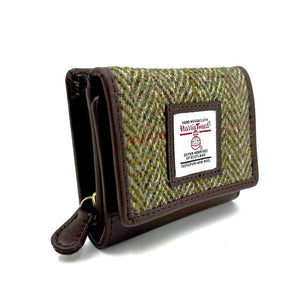 Country Green Herringbone Trifold Purse: A timeless Harris Tweed trifold purse in country green herringbone with brown vegan leather trim.