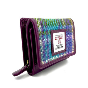 Green/Purple Trifold Purse: A vibrant Harris Tweed trifold purse in green and purple Tweed with purple vegan leather trim.