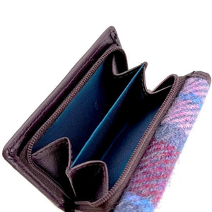 Pastel Pink Check Trifold Purse (Open - Coin Area): Interior view of a Harris Tweed trifold purse in pastel pink check with berry jam vegan leather trim, highlighting the secure zipped coin compartment.