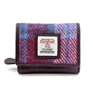 Pastel Pink Check Trifold Purse: A charming Harris Tweed trifold purse in pastel pink check with berry jam vegan leather trim.