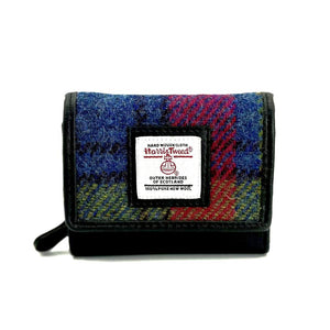 Blue/Pink Tweed Trifold Purse: A chic Harris Tweed trifold purse in blue and pink tweed with black vegan leather trim