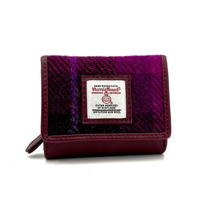 Purple Check Tweed Trifold Purse: A stylish Harris Tweed trifold purse in purple check with oxblood vegan leather trim.